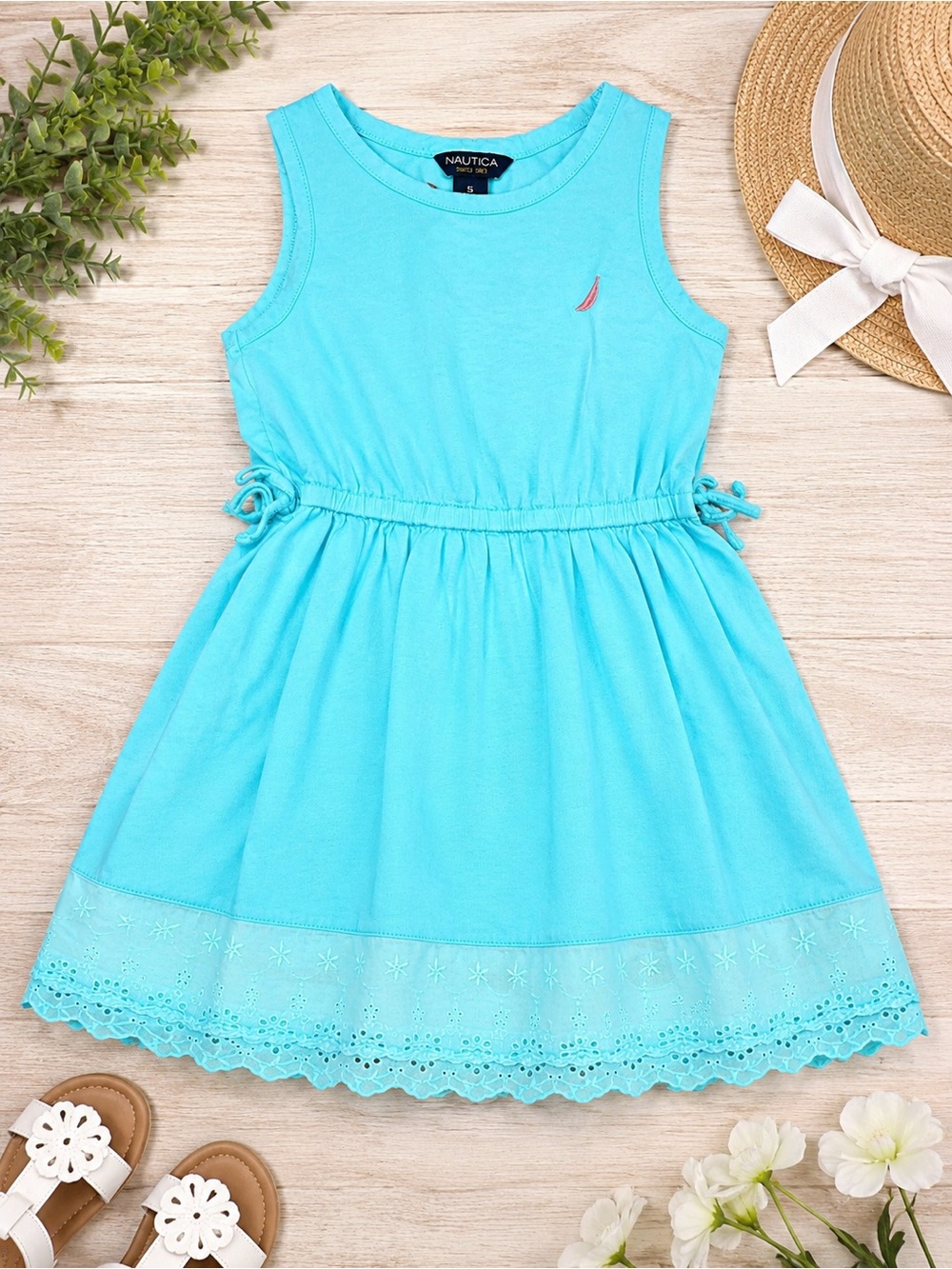 Nautica Girls Aqua Eyelet Hem Cotton Dress Size 5 Sleeveless Summer